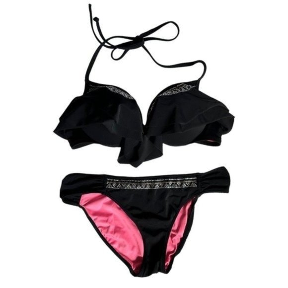 Victoria’s Secret PINK Black Push Up Ruffle Studded Rhinestone Cheeky Bikini - Picture 1 of 9